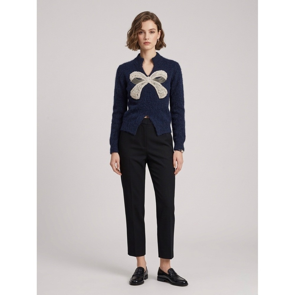 Lanvin Navy Blue Alpaca Cashmere Silk Pearl Bow-Embellished Sweater Size M